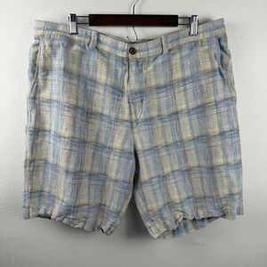 Tommy Bahama Mens Plaid Linen Blend Shorts Blue Yellow Tan Size 40 Flat Front